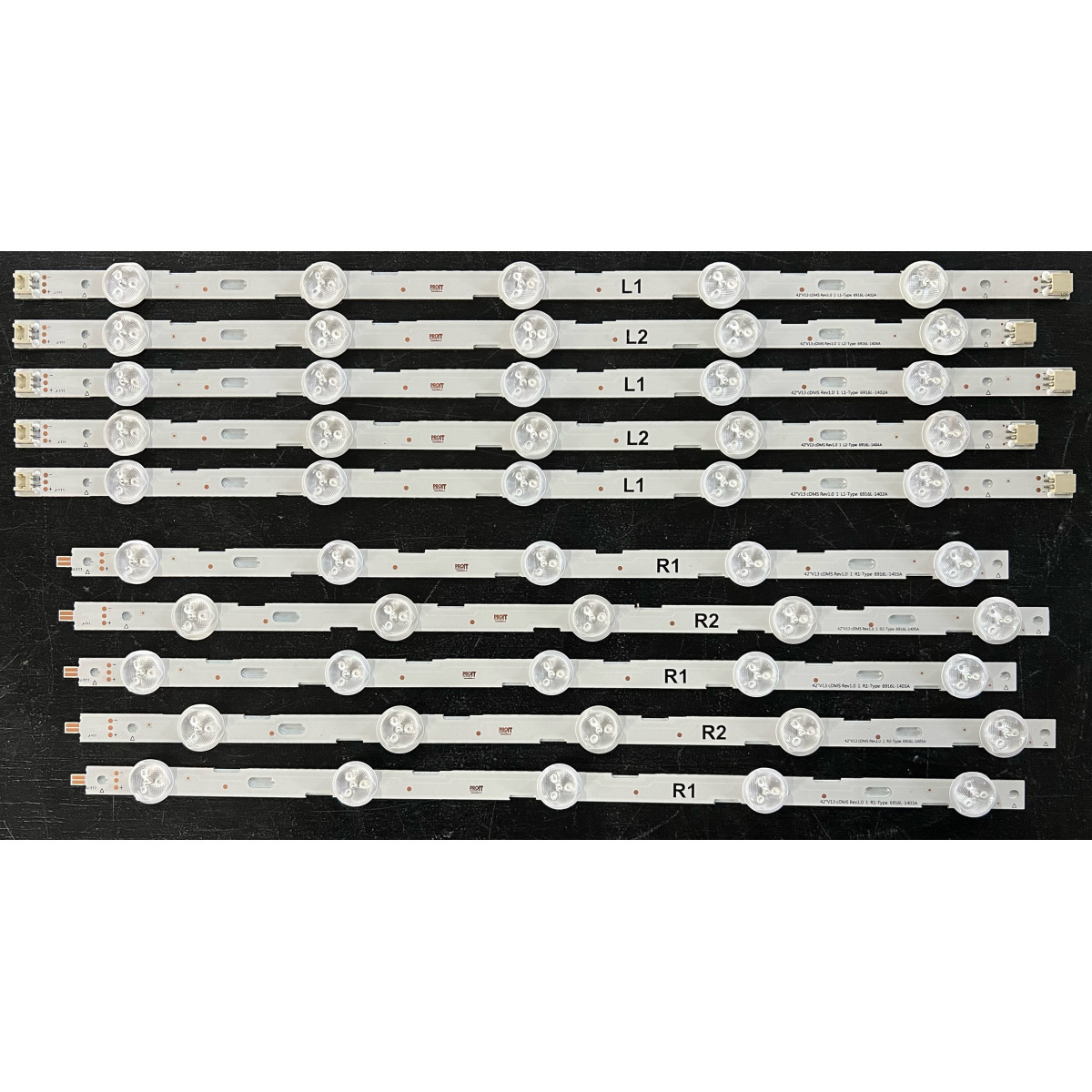 LED Backlight Strip LG 42" - 5 strips x 10 LEDs - 3V - 400 - 414 - 430 - 442mm - 6916L-1402A + 1403A + 1404A + 1405A